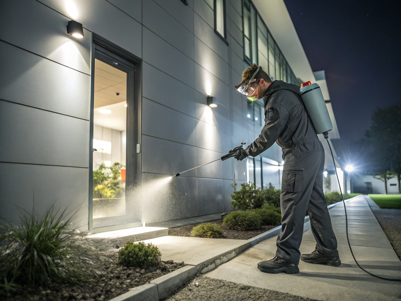 Barrier spray application along exterior home foundation for ant prevention