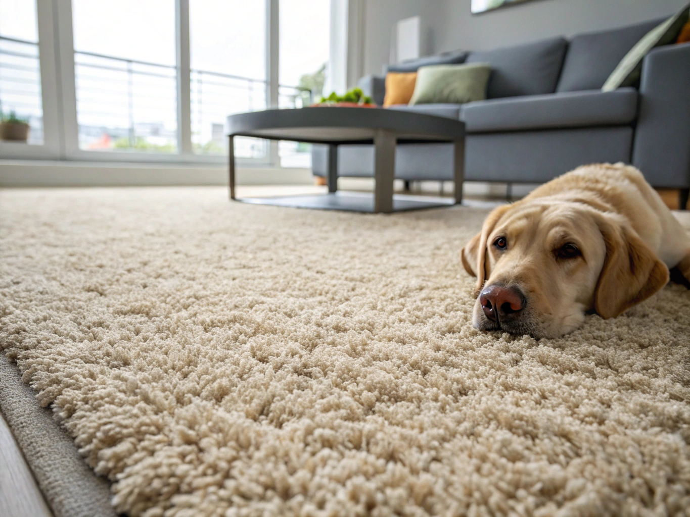Carpeted Auckland living room with pet resting cushion and rug