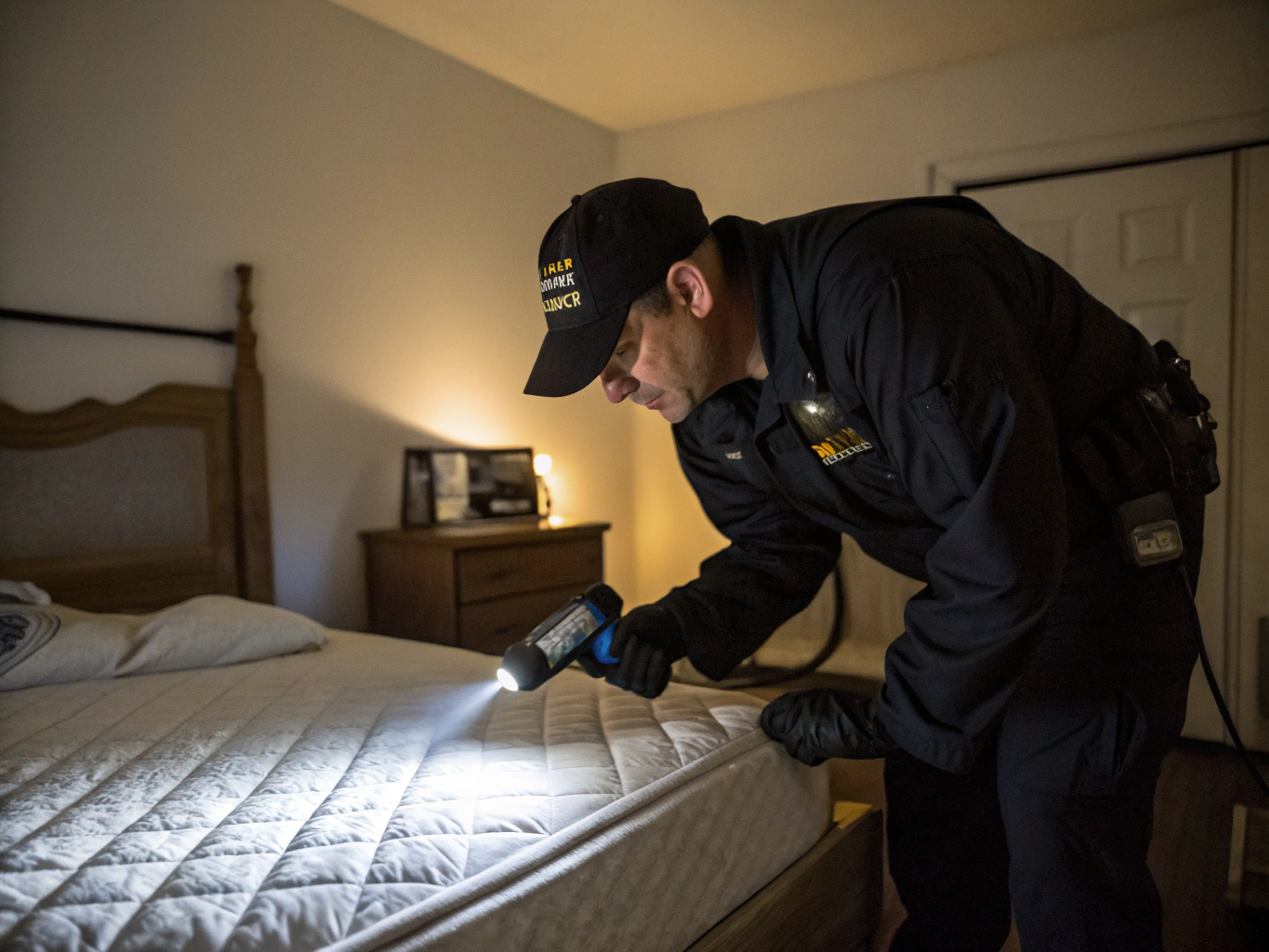 Technician conducting high-detail seam inspection on bedroom mattress
