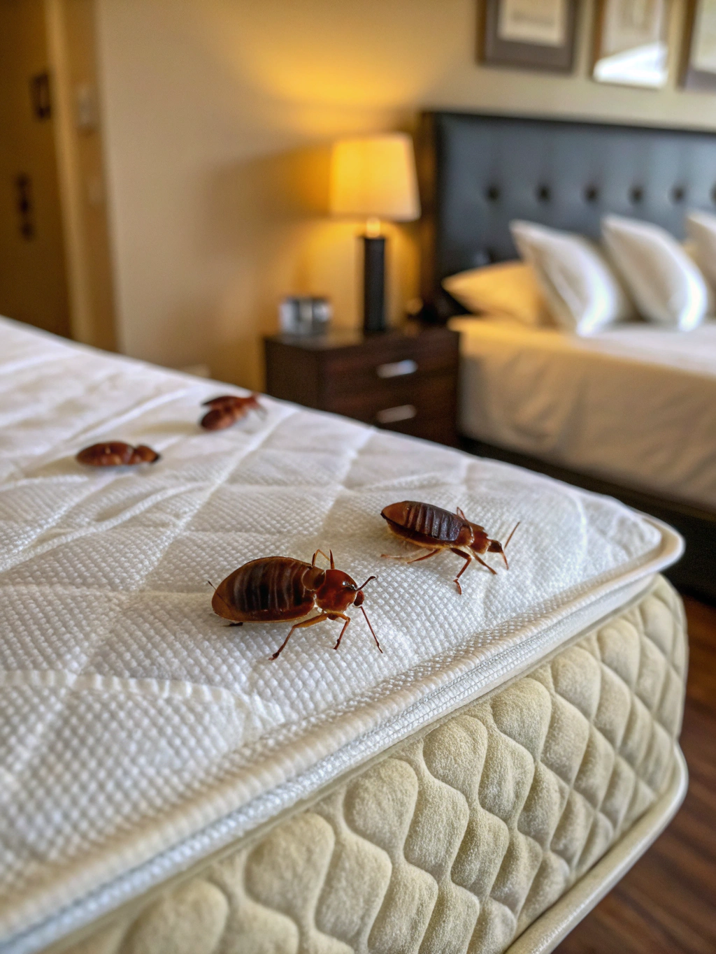 Visible live bed bugs along mattress seams during a professional pest control technician inspection