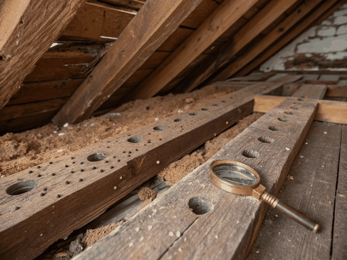 Close-up of wood borer beetle flight exit holes and fine frass dust on house timber framing