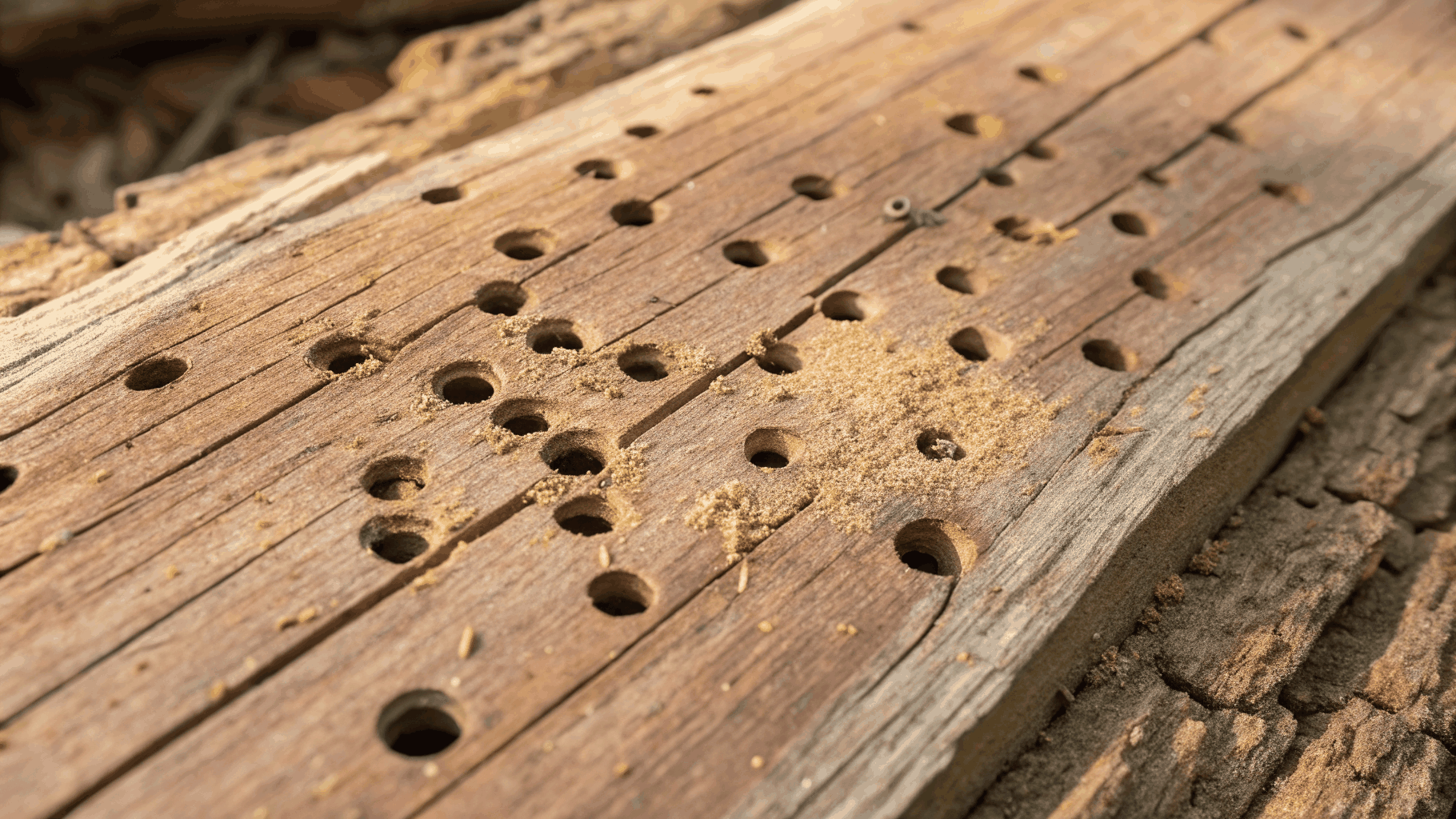 Fresh exit holes in timber