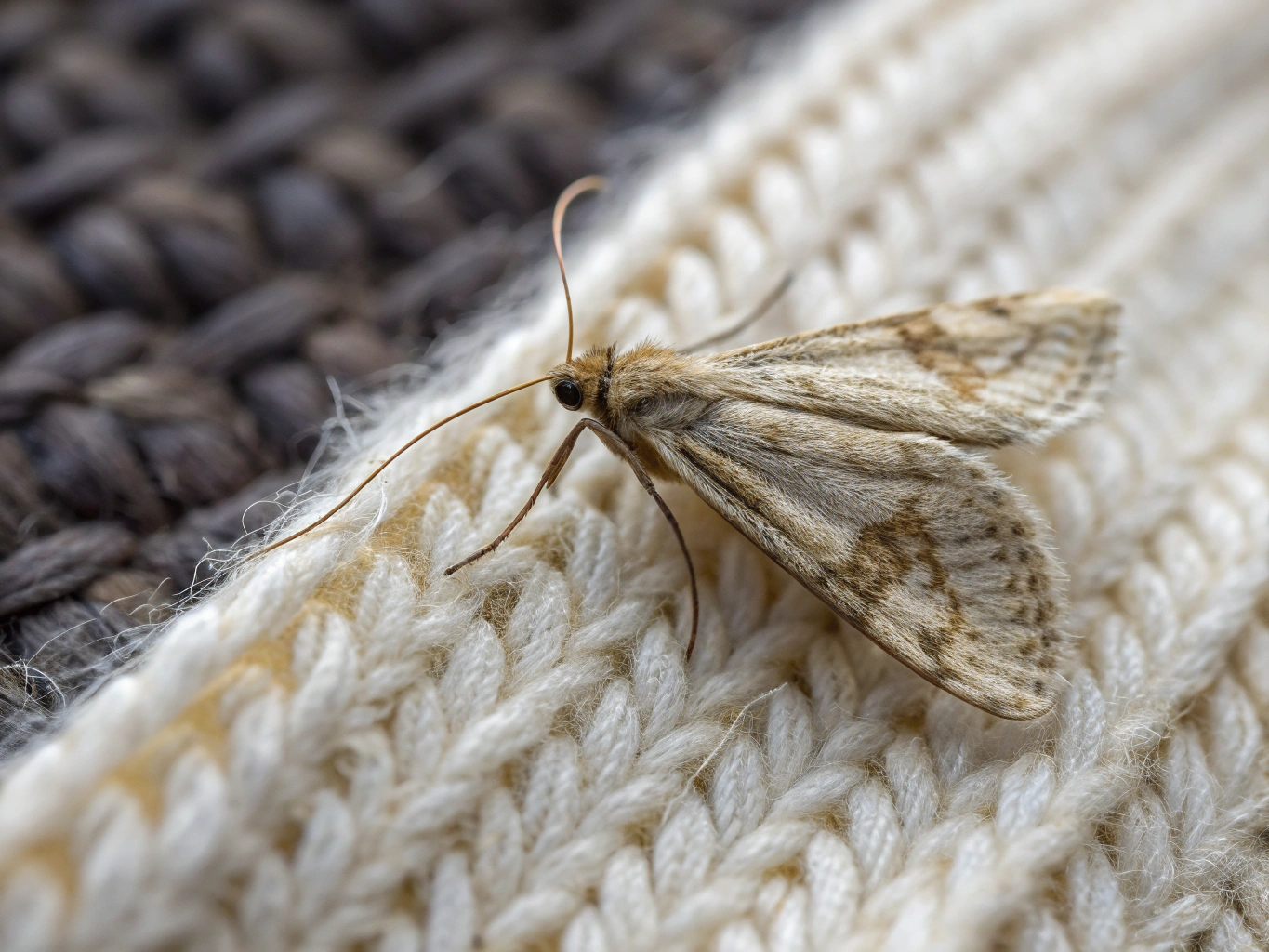 A carpet beetle eating into carpet fibers