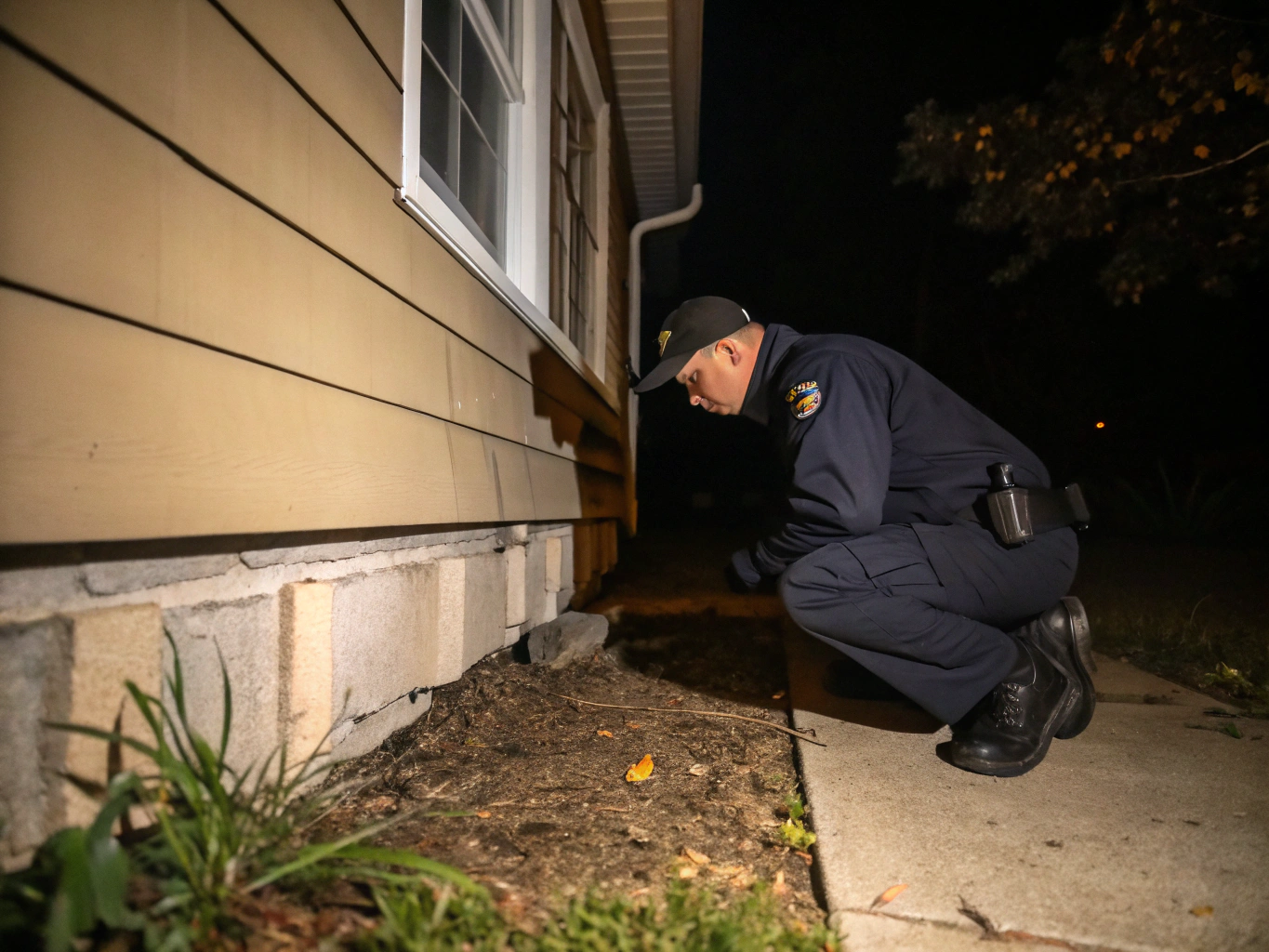 Eco Pest Control technician in branded work gear servicing an outdoor tamper-resistant bait station at a residential exterior wall