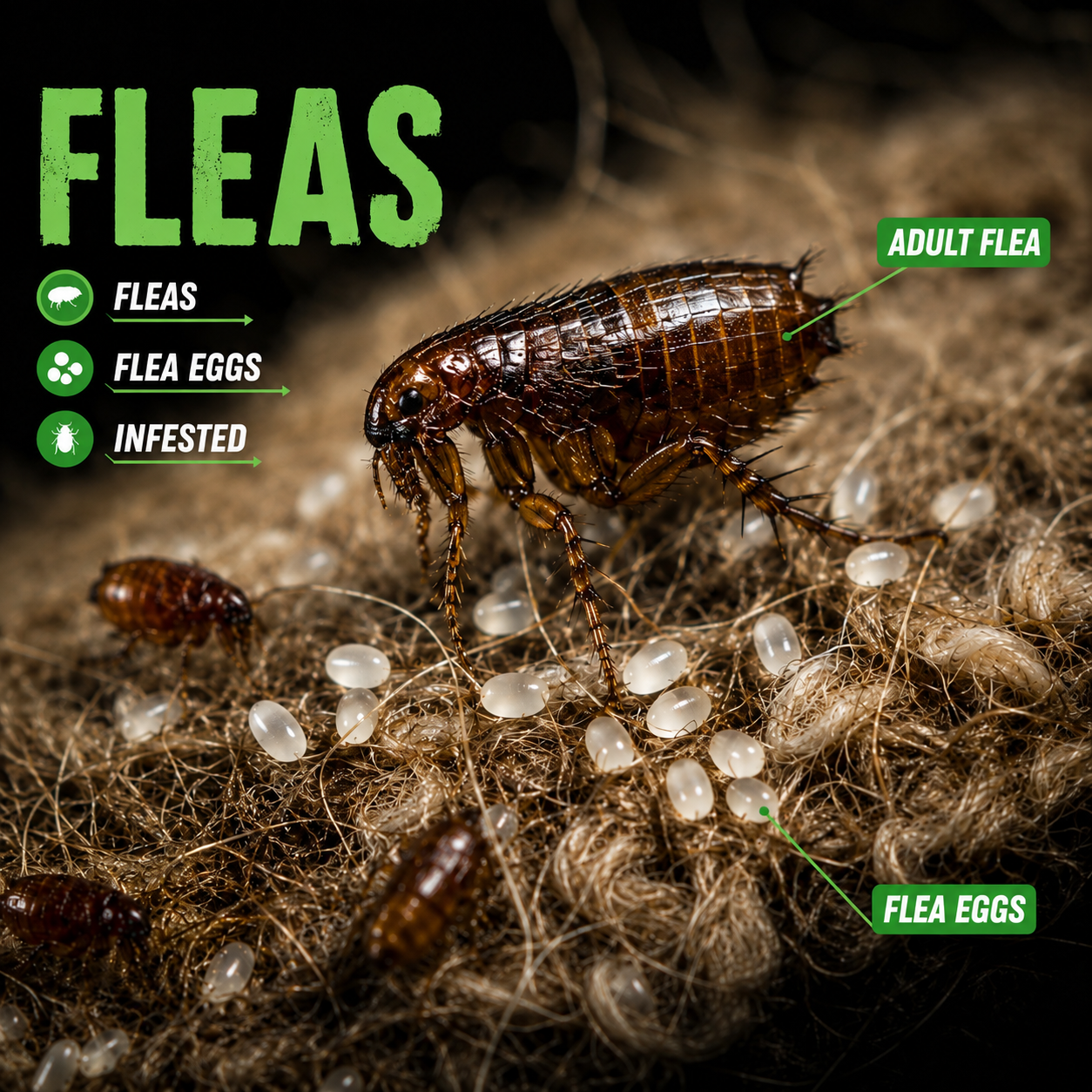 Educational close-up infographic of a flea and flea eggs with labeled callouts on a fibrous tan background