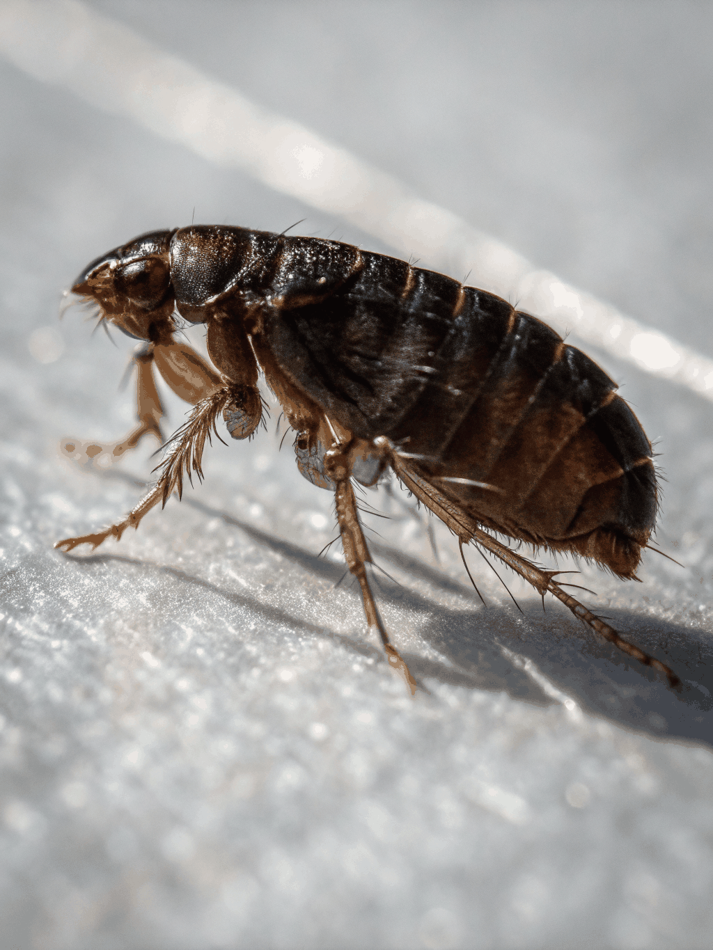 Detailed close-up of a small dark flea insect with eggs and red bite marks on skin