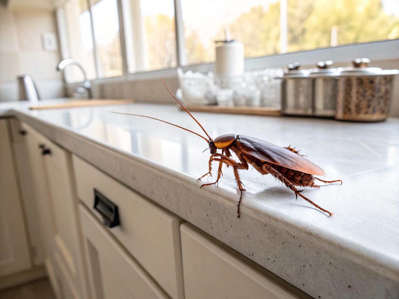 Visible German cockroach infestation crawling in and around a kitchen counter cabinet area