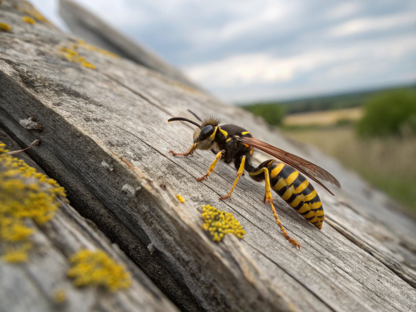 An active German wasp nest with visible wasps on a building structure