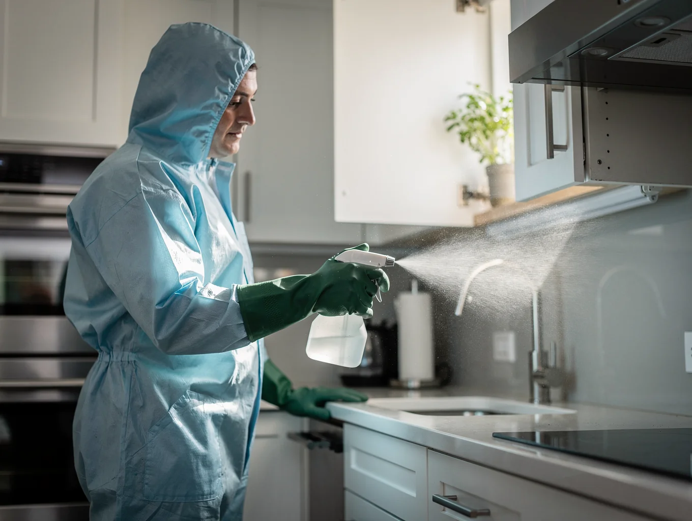 Certified pest control technician inspecting kitchen cabinetry hinges and drawer runners