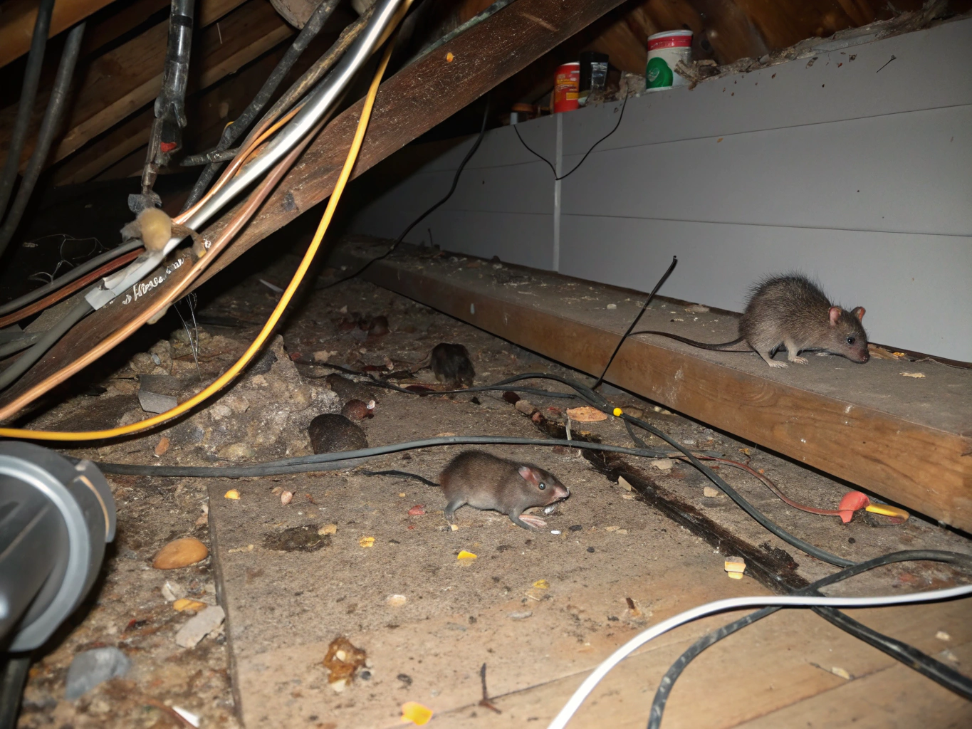 Rodent damage showing dark droppings and gnaw marks contaminating a house interior corner