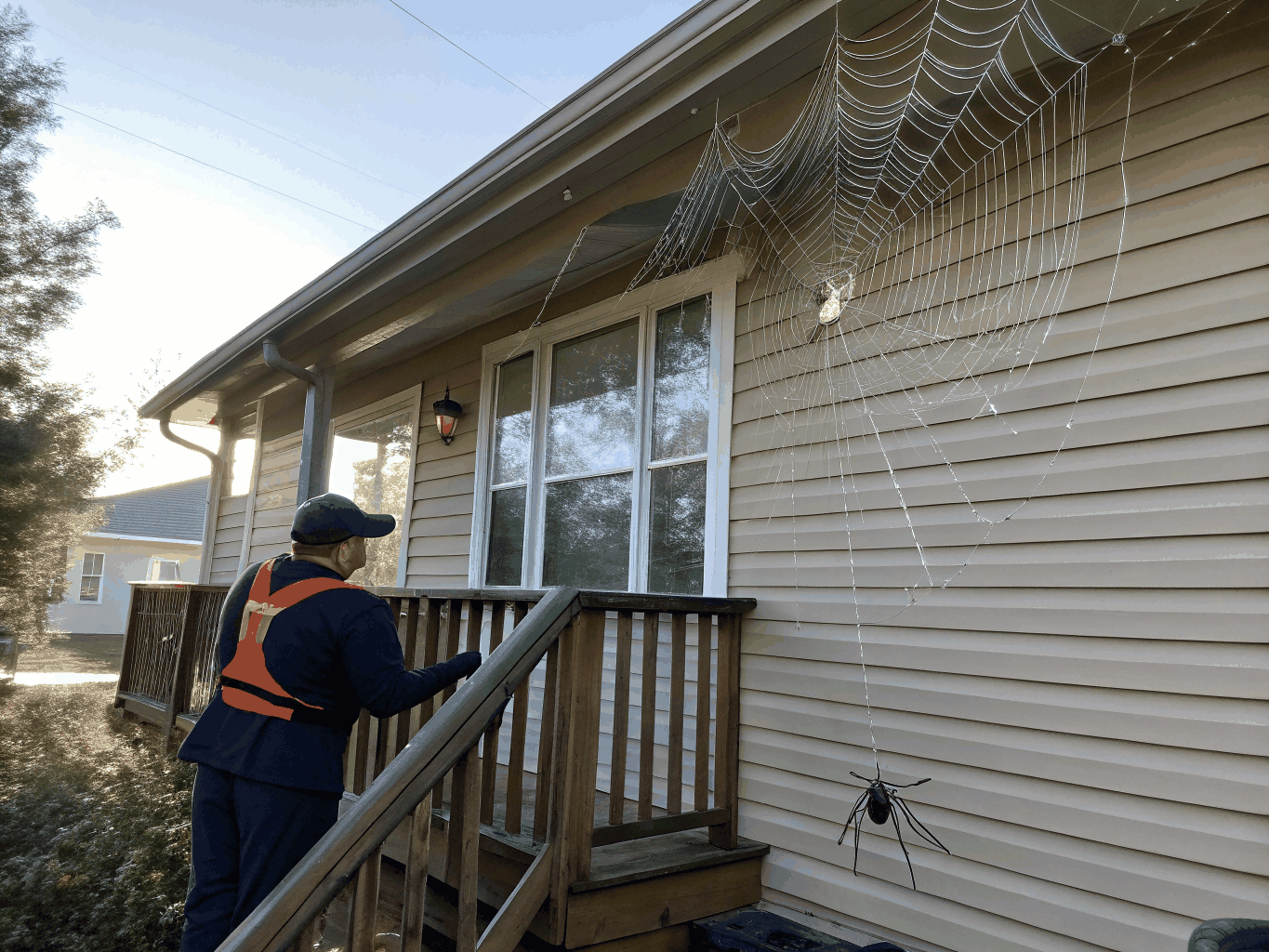 Auckland garage corner and exterior roof eaves with spider webbing