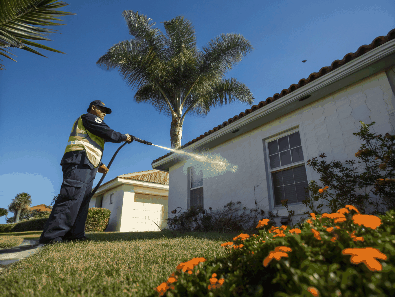Certified Eco Pest Control technician applying residual spider barrier spray to Auckland home exterior eaves