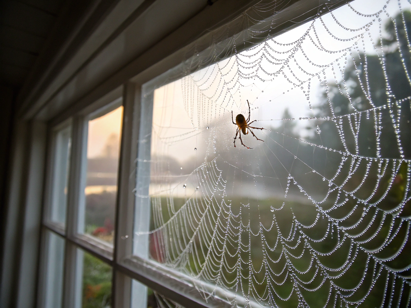 Dense intricate spider webbing covering an exterior residential wall and soffit area