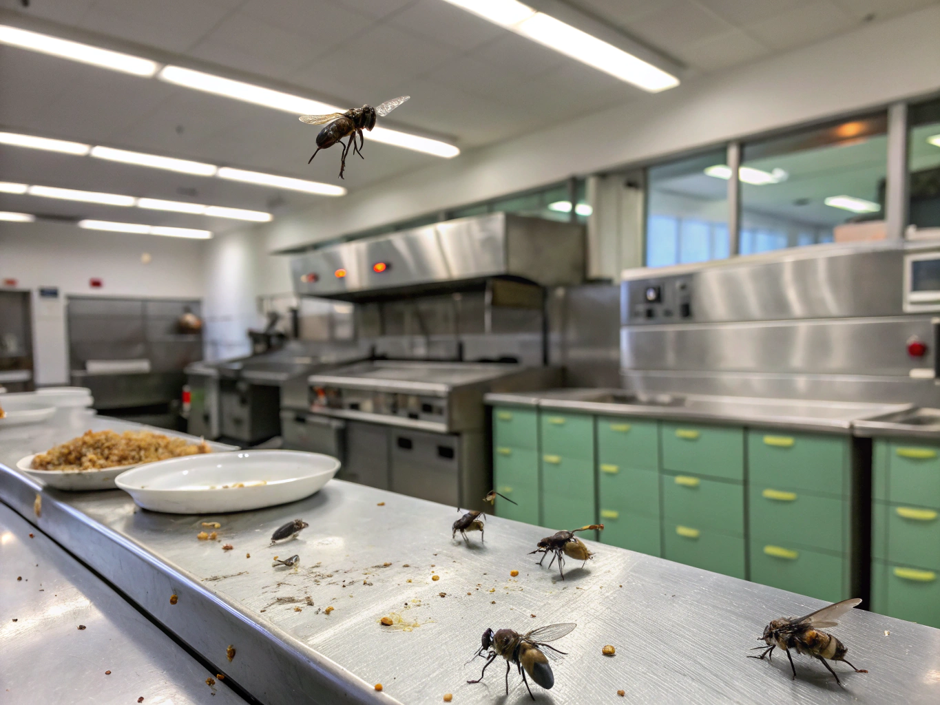 Swarm of flies congregated in a residential living room and food preparation area