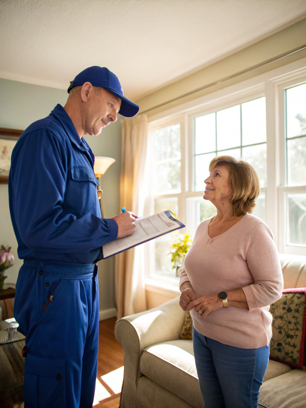 Eco Pest Control Auckland technician explaining a treatment plan to a homeowner in a bright kitchen