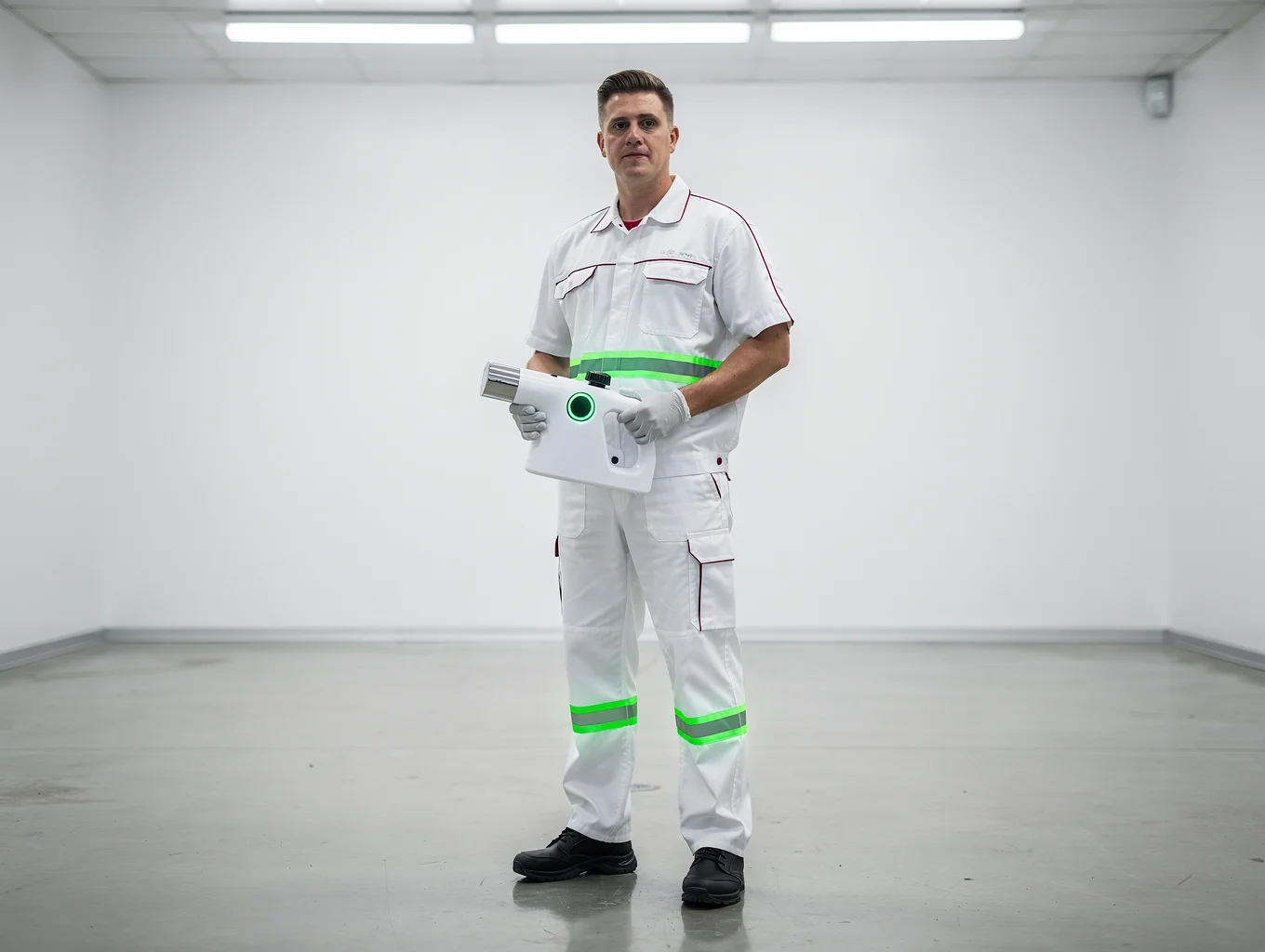 Certified pest control technician calibrating an automatic insect control unit in an Auckland property