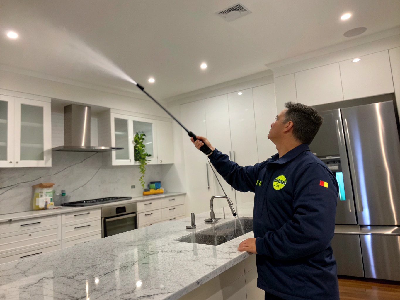 Certified pest control technician applying precision non-staining gel baits inside Auckland kitchen cabinetry
