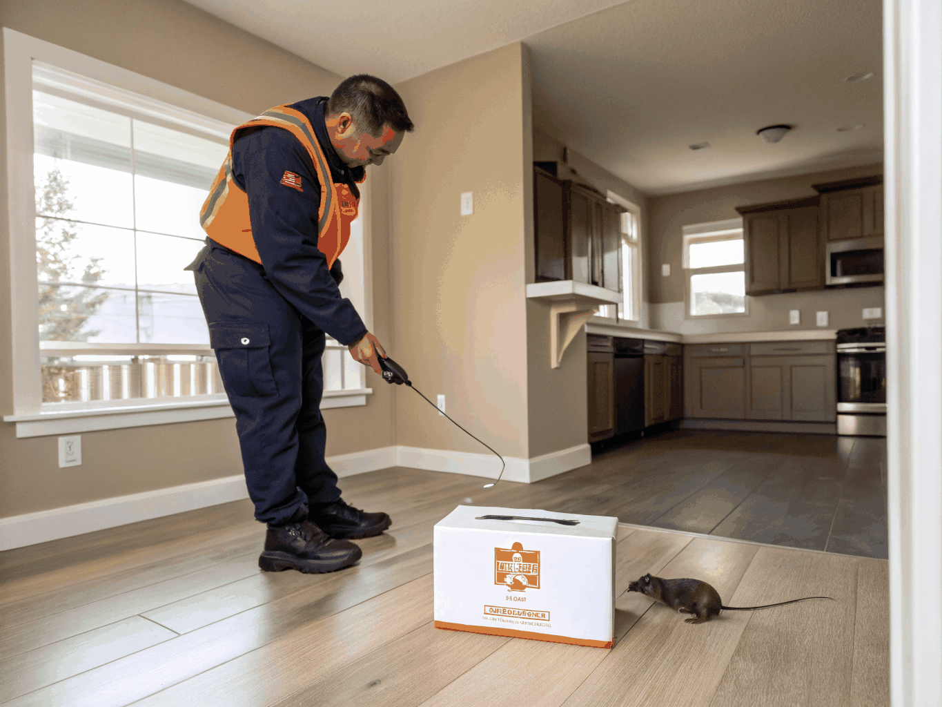 Certified pest control technician securing a tamper-proof rodent bait station along property perimeter in Auckland
