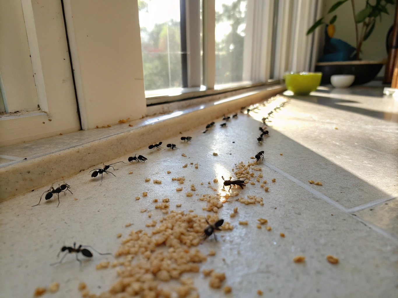 Visible trailing line of ants marching across a white kitchen benchtop surface
