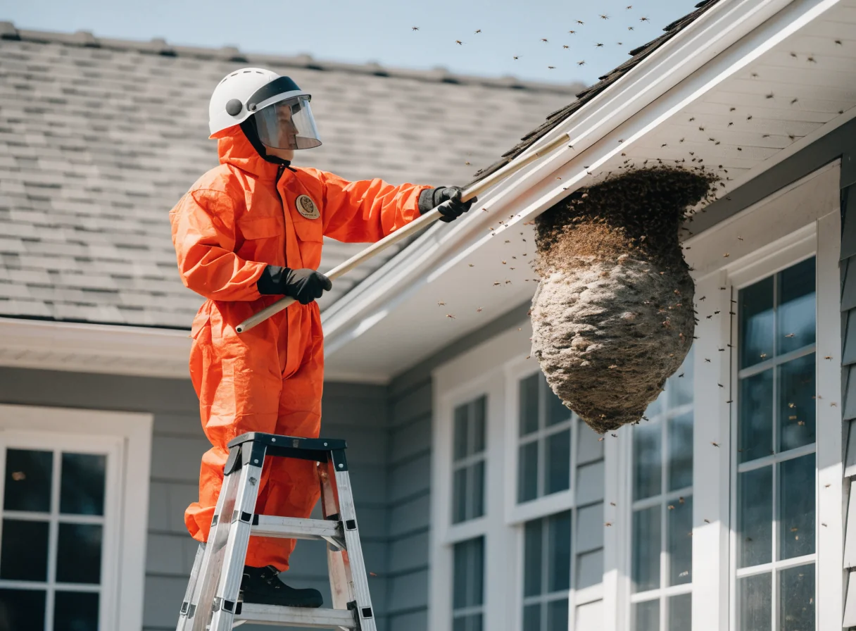 Certified pest technician in full protective bee suit applying dust treatment to a wasp nest