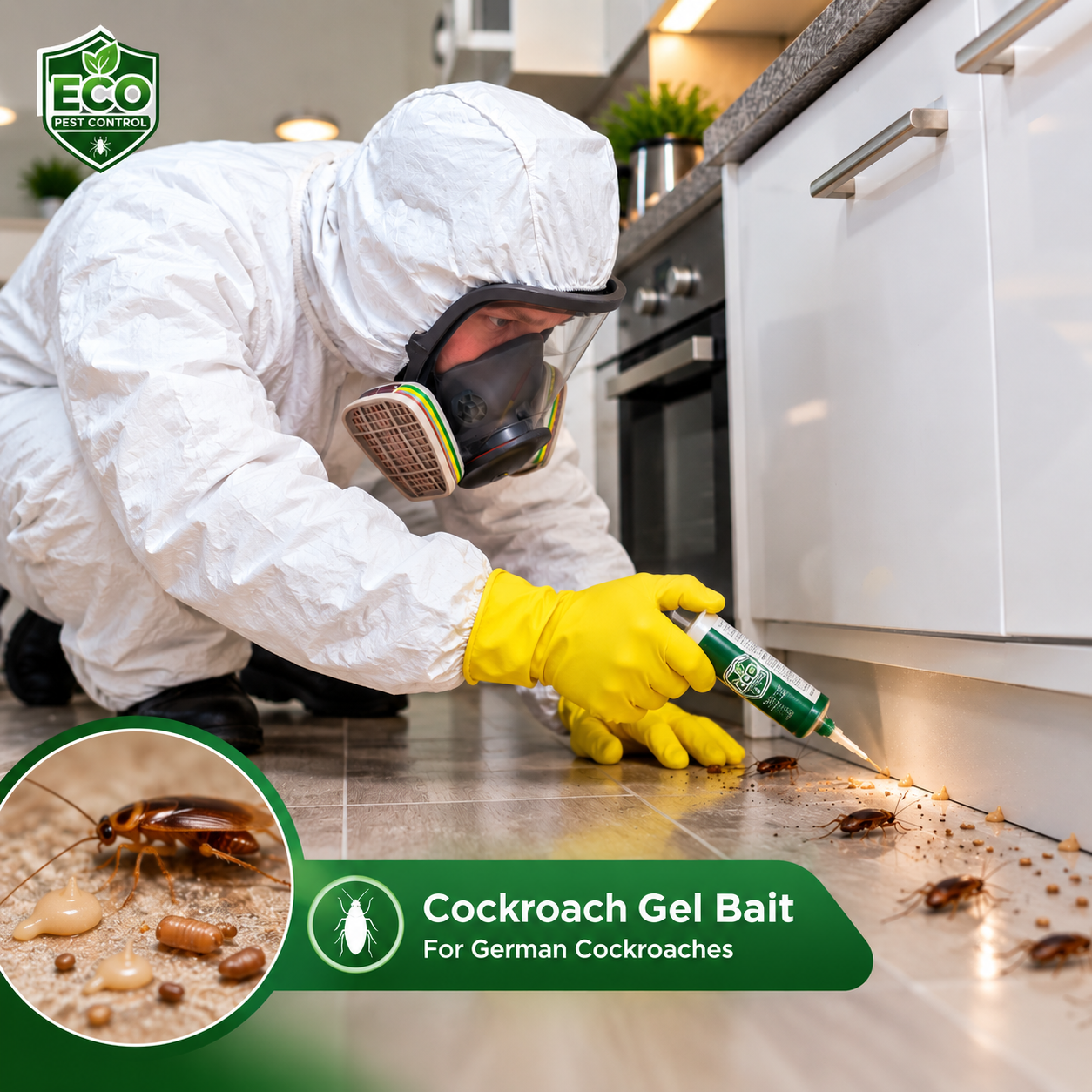 Professional pest technician applying targeted cockroach gel bait treatment to kitchen cabinet crevices