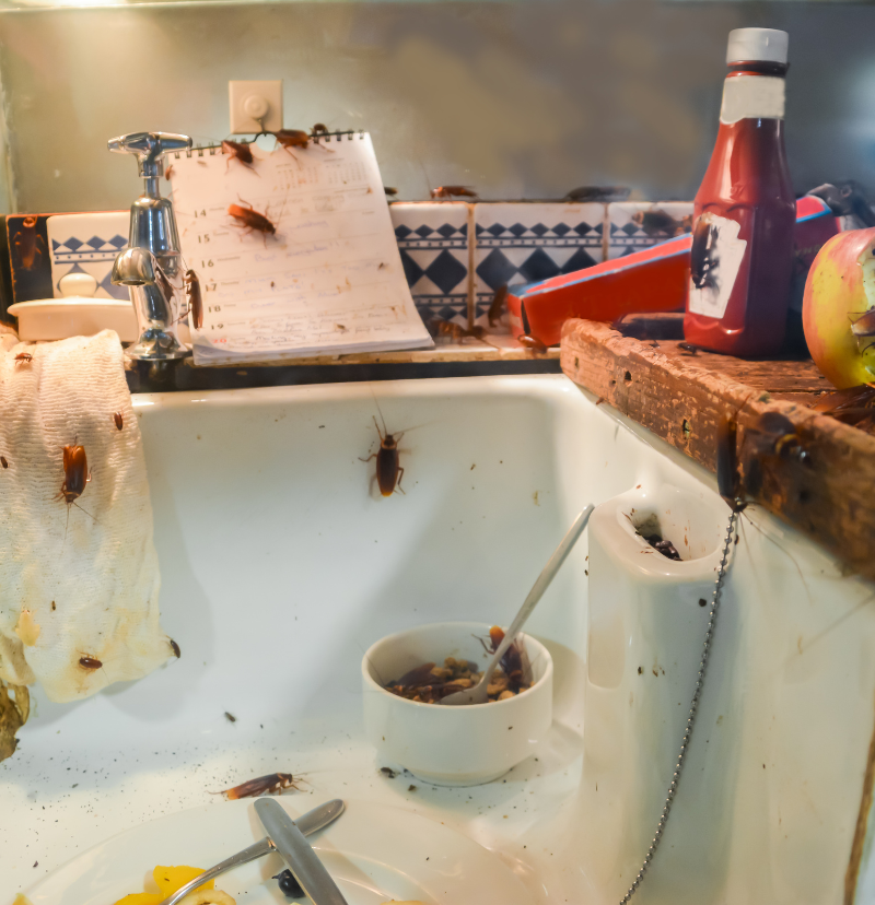 Certified pest control technician applying precision gel bait formulation for German cockroach treatment in kitchen cabinetry
